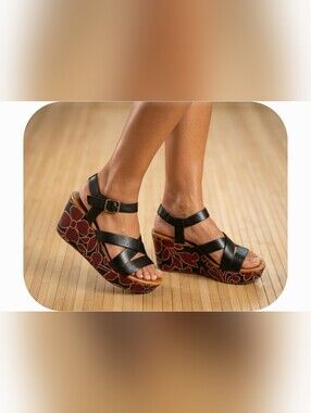 Flower Power Boho 10W Chunky Platform Wedge Black Leather Retro Sandals